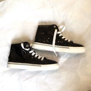 Size 5, sequins, high top, tennis shoes. Like new